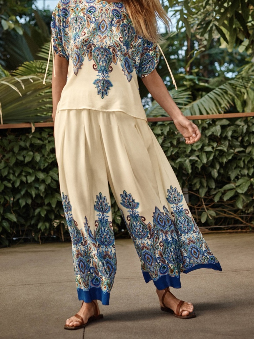 NWT JOHNNY WAS Cream Blue Print pleated Silk wide leg pant in ruta Sz S